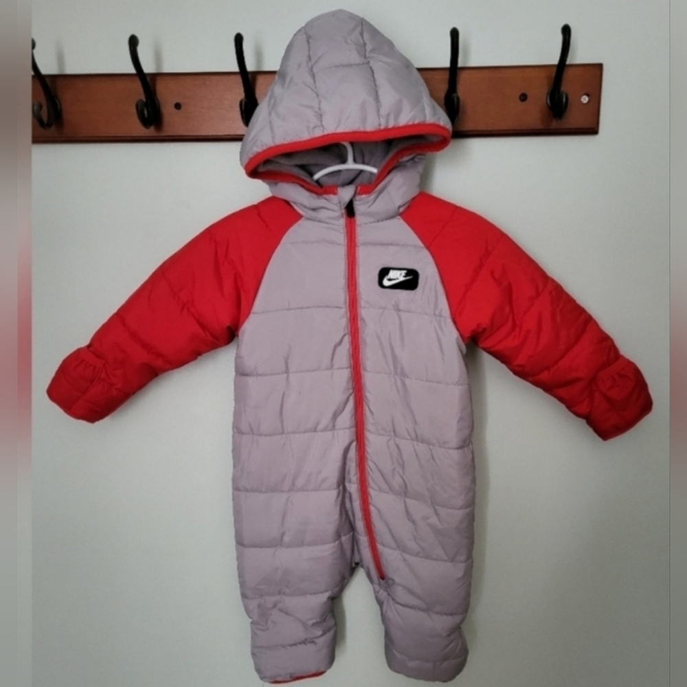 Nike Puffer Infant Baby Snowsuit Bunting Red Grey 9 Months Fleece Lined Winter